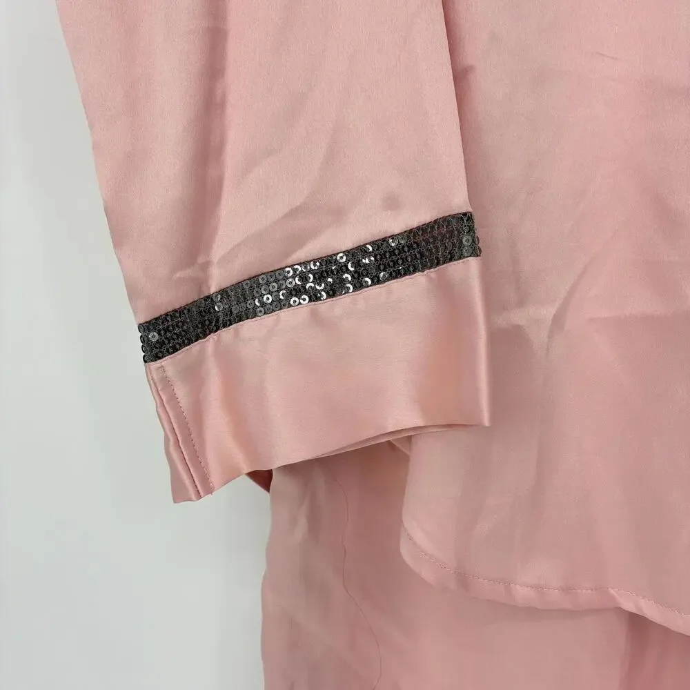 Victoria's Secret Pink Satin Pajama Set Lounge ware Sequin Trim Women's size Med